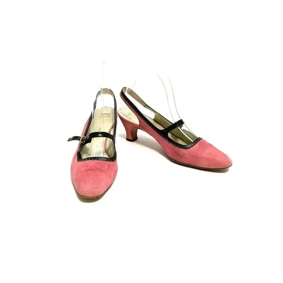 Vintage 1960s pink suede slingback Mary Jane kitten heels