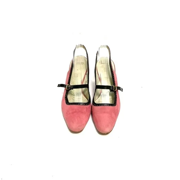Vintage 1960s pink suede slingback Mary Jane kitten heels