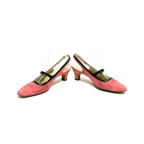 Vintage 1960s pink suede slingback Mary Jane kitten heels