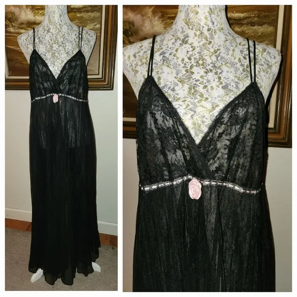 Vintage 1970s Black Lace Flowying Slip Dress