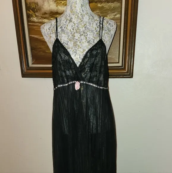 Vintage 1970s Black Lace Flowying Slip Dress
