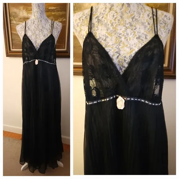 Vintage 1970s Black Lace Flowying Slip Dress