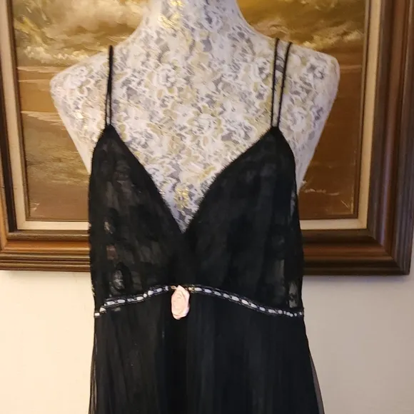 Vintage 1970s Black Lace Flowying Slip Dress