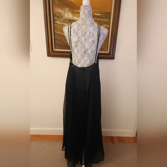 Vintage 1970s Black Lace Flowying Slip Dress