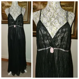Vintage 1970s Black Lace Flowying Slip Dress