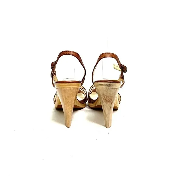 Vintage 1970s brown leather strappy slingback wooden platform heels