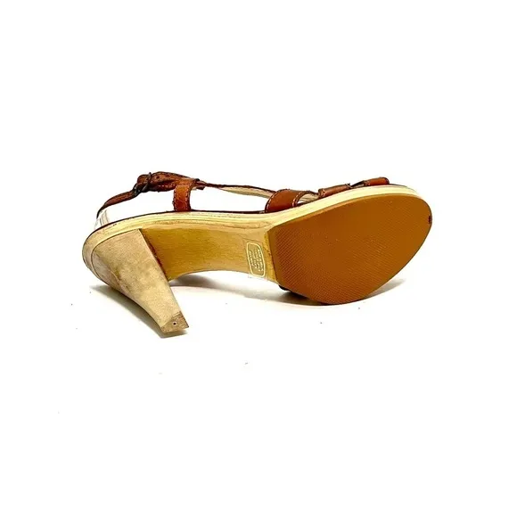 Vintage 1970s brown leather strappy slingback wooden platform heels