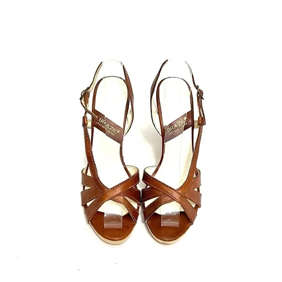 Vintage 1970s brown leather strappy slingback wooden platform heels