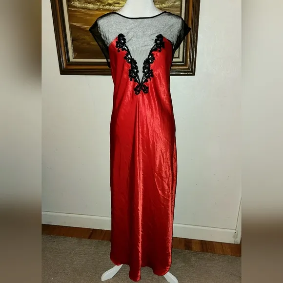 Vintage 1980s Red &amp; Black Maxi Slip Dress by California Dynasty