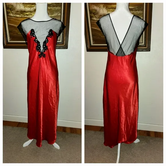 Vintage 1980s Red &amp; Black Maxi Slip Dress by California Dynasty