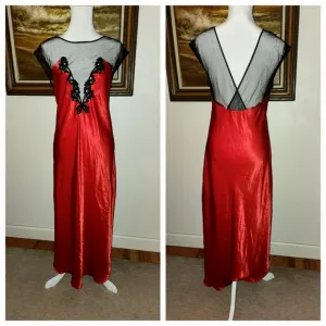 Vintage 1980s Red &amp; Black Maxi Slip Dress by California Dynasty