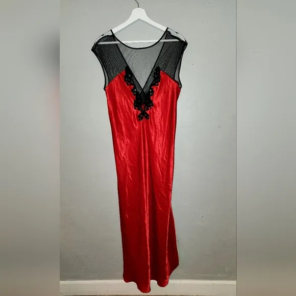 Vintage 1980s Red &amp; Black Maxi Slip Dress by California Dynasty