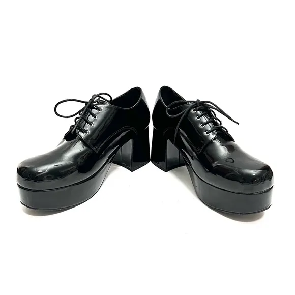 Vintage 1990s men’s black vegan patent leather platform heeled costume oxfords