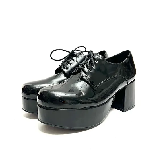 Vintage 1990s men’s black vegan patent leather platform heeled costume oxfords