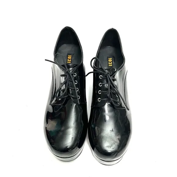 Vintage 1990s men’s black vegan patent leather platform heeled costume oxfords