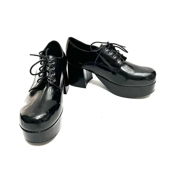 Vintage 1990s men’s black vegan patent leather platform heeled costume oxfords
