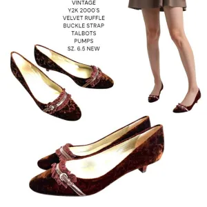 VINTAGE 2000'S VELVET RUFFLE BUCKLE BROWN KITTEN TALBOTS PUMPS 6 1/2 NEW