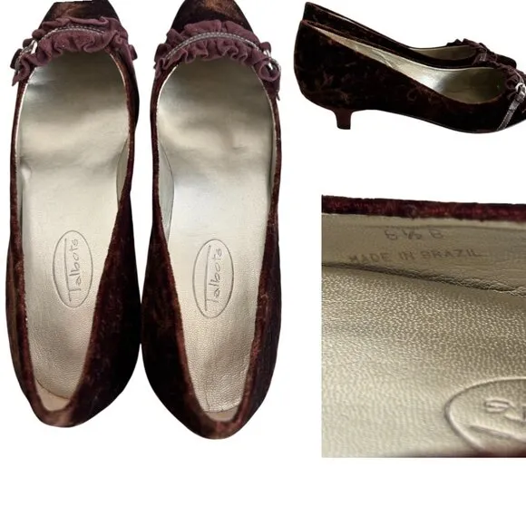 VINTAGE 2000'S VELVET RUFFLE BUCKLE BROWN KITTEN TALBOTS PUMPS 6 1/2 NEW