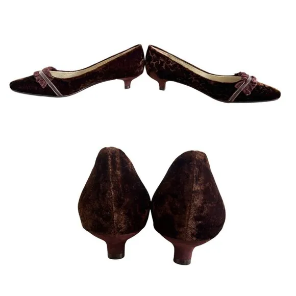 VINTAGE 2000'S VELVET RUFFLE BUCKLE BROWN KITTEN TALBOTS PUMPS 6 1/2 NEW