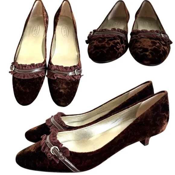VINTAGE 2000'S VELVET RUFFLE BUCKLE BROWN KITTEN TALBOTS PUMPS 6 1/2 NEW