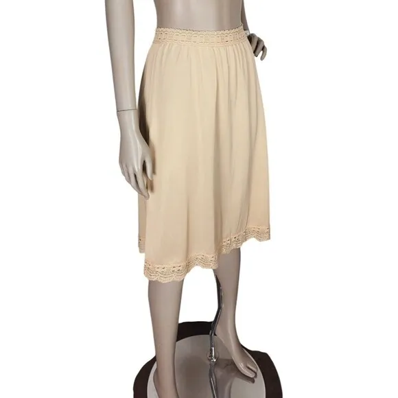 Vintage 60s Behind Every OLGA Beige 2&quot; Lace Midi Skirt Dress Half Slip Small