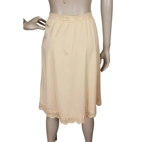 Vintage 60s Behind Every OLGA Beige 2&quot; Lace Midi Skirt Dress Half Slip Small