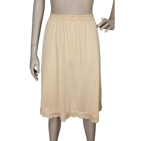 Vintage 60s Behind Every OLGA Beige 2&quot; Lace Midi Skirt Dress Half Slip Small