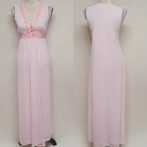 Vintage 60s Gilead Light Pink Floral Embroidered Sleeveless Nightgown Slip Dress