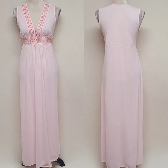 Vintage 60s Gilead Light Pink Floral Embroidered Sleeveless Nightgown Slip Dress