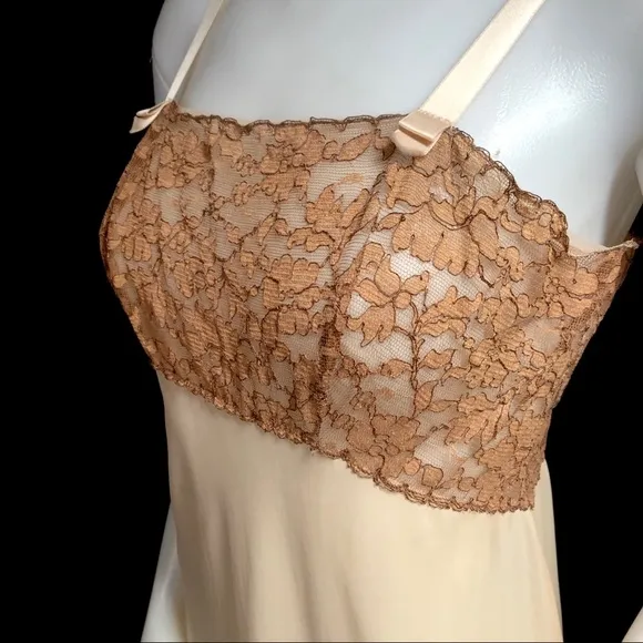 Vintage 60s Sexy Full Slip Dress Cafe Au Lait Lace Bodice &amp; Hem by Colura 36