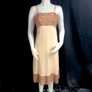 Vintage 60s Sexy Full Slip Dress Cafe Au Lait Lace Bodice &amp; Hem by Colura 36