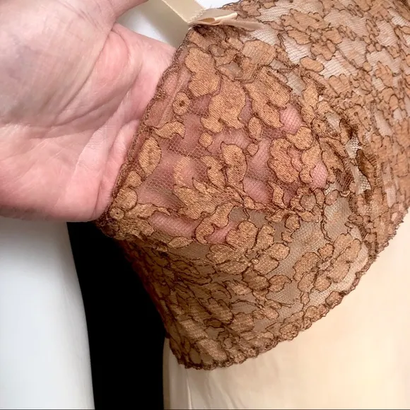 Vintage 60s Sexy Full Slip Dress Cafe Au Lait Lace Bodice &amp; Hem by Colura 36