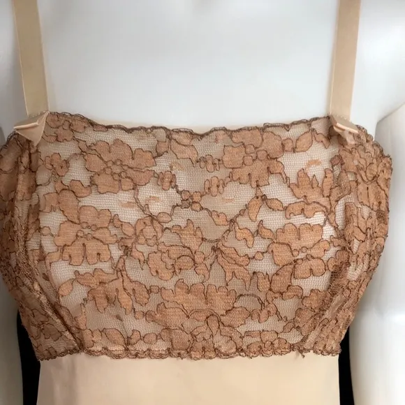 Vintage 60s Sexy Full Slip Dress Cafe Au Lait Lace Bodice &amp; Hem by Colura 36