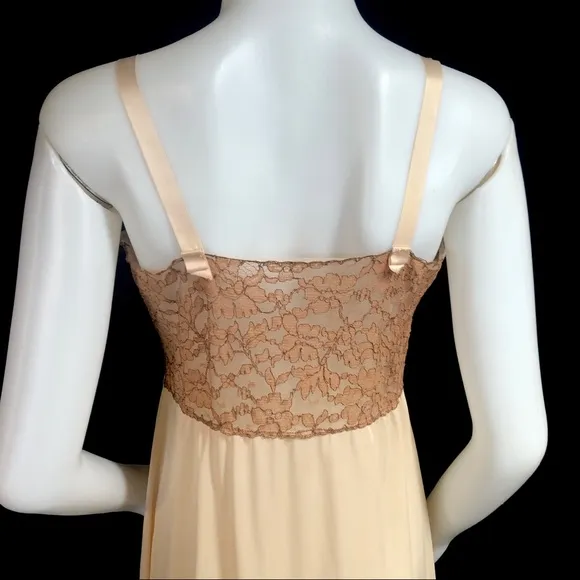 Vintage 60s Sexy Full Slip Dress Cafe Au Lait Lace Bodice &amp; Hem by Colura 36