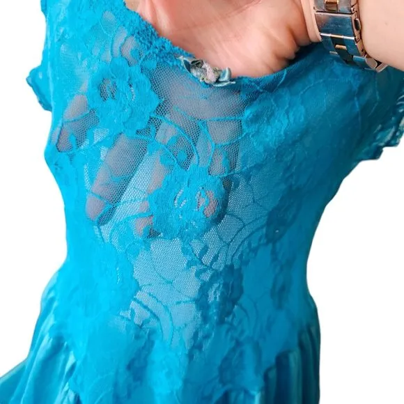 Vintage 70s 80s Aqua‎ Blue Satin Nylon Long Full Slip Sheer Lace M Ankle Length