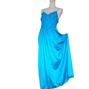 Vintage 70s 80s Aqua‎ Blue Satin Nylon Long Full Slip Sheer Lace M Ankle Length
