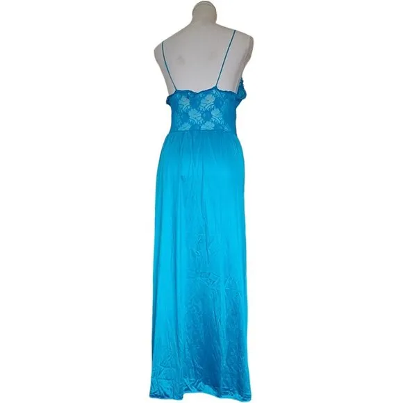 Vintage 70s 80s Aqua‎ Blue Satin Nylon Long Full Slip Sheer Lace M Ankle Length