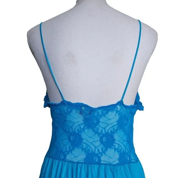 Vintage 70s 80s Aqua‎ Blue Satin Nylon Long Full Slip Sheer Lace M Ankle Length