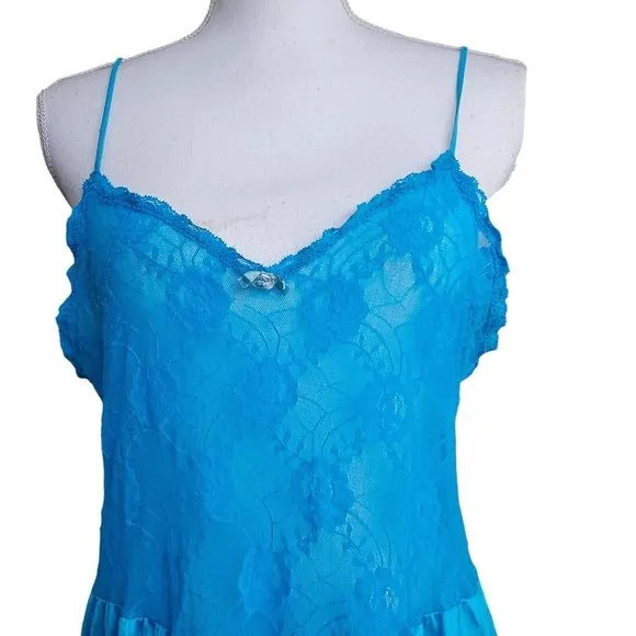 Vintage 70s 80s Aqua‎ Blue Satin Nylon Long Full Slip Sheer Lace M Ankle Length
