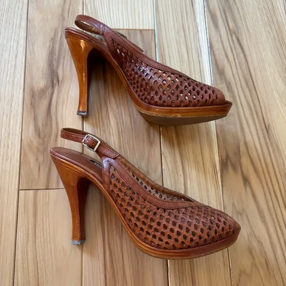 Vintage 70s The Wild Pair Leather Wood Stacked Platform Slingback Peep Toe Heels