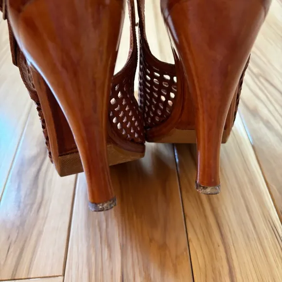 Vintage 70s The Wild Pair Leather Wood Stacked Platform Slingback Peep Toe Heels
