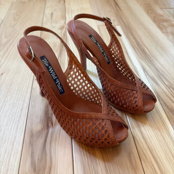 Vintage 70s The Wild Pair Leather Wood Stacked Platform Slingback Peep Toe Heels