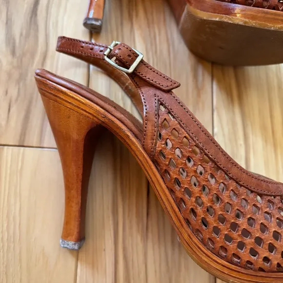 Vintage 70s The Wild Pair Leather Wood Stacked Platform Slingback Peep Toe Heels
