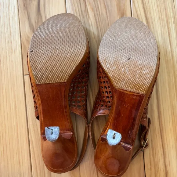 Vintage 70s The Wild Pair Leather Wood Stacked Platform Slingback Peep Toe Heels
