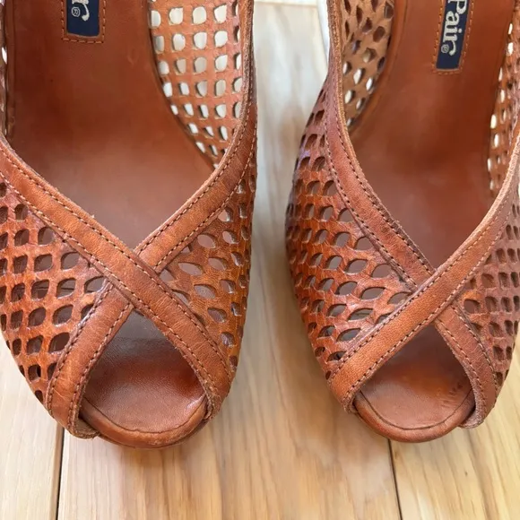 Vintage 70s The Wild Pair Leather Wood Stacked Platform Slingback Peep Toe Heels
