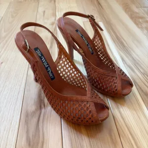 Vintage 70s The Wild Pair Leather Wood Stacked Platform Slingback Peep Toe Heels