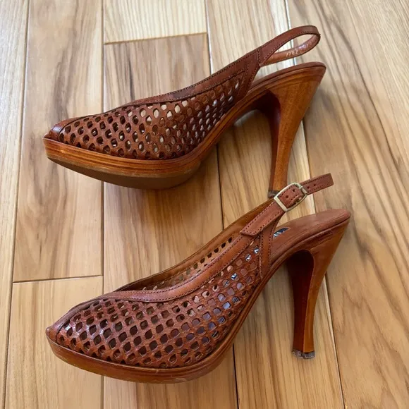 Vintage 70s The Wild Pair Leather Wood Stacked Platform Slingback Peep Toe Heels