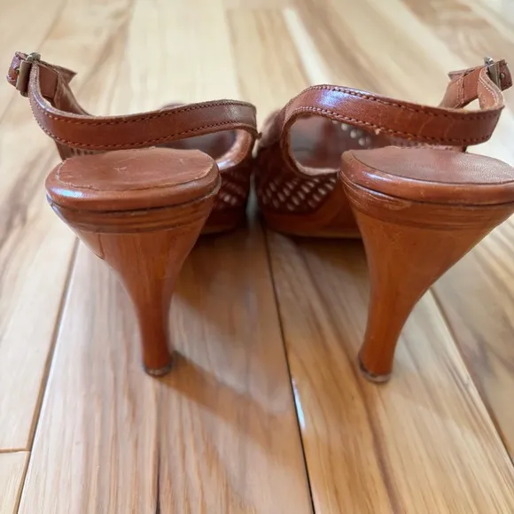 Vintage 70s The Wild Pair Leather Wood Stacked Platform Slingback Peep Toe Heels