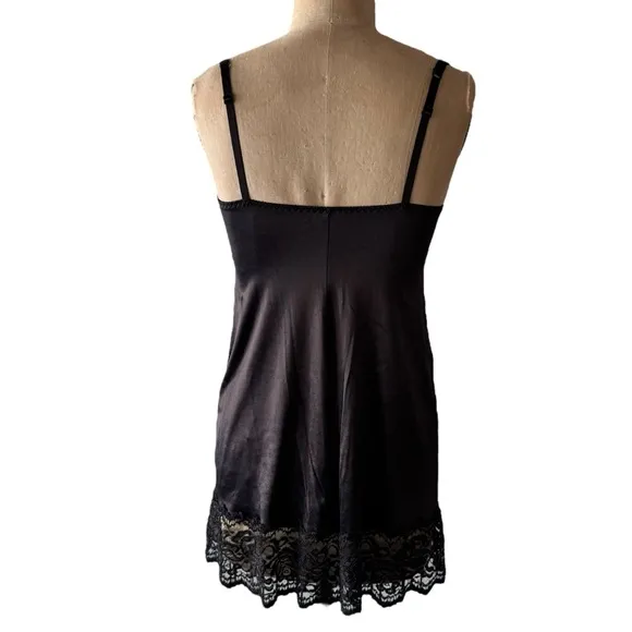 Vintage 70s Victorias Secret Black Silky Lace Slip