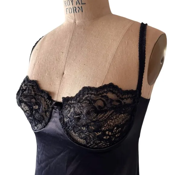 Vintage 70s Victorias Secret Black Silky Lace Slip